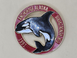 ANCHORAGE ALASKA-&quot;Fur Rendezvous 1991-Red Color-Rondy-Metal-Whale-1 3/4&quot;... - $13.86