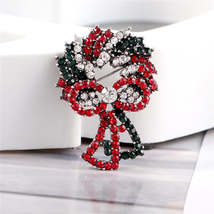 Red Cubic Zirconia &amp; Silver-Plated Christmas Wreath Brooch - £10.97 GBP
