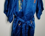 GOLDEN DEER Blue Silk Hand Embroidery Kimono Robe Small Chinese Dragons ... - $84.99