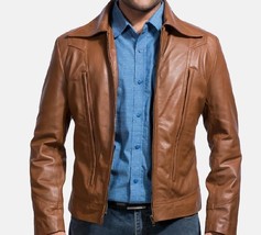 New Men Handmade Brown Leather Fashion Biker Jacket - £141.53 GBP