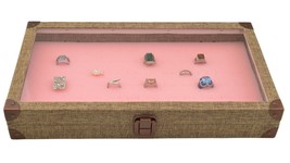 Jewelry 72 Pink Insert Rings Box Case Burlap Dark Beige Metal Clasp Jewelry Case - £29.77 GBP