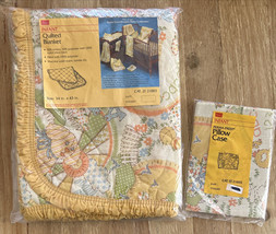 Vtg SEARS Baby Crib Quilted Blanket &amp; Pillowcase Yellow Ruffle Patchwork Print - £63.13 GBP