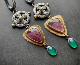 Bohemian Beauty: Pink and Green Stone Earrings for a Stylish Statement - £10.35 GBP