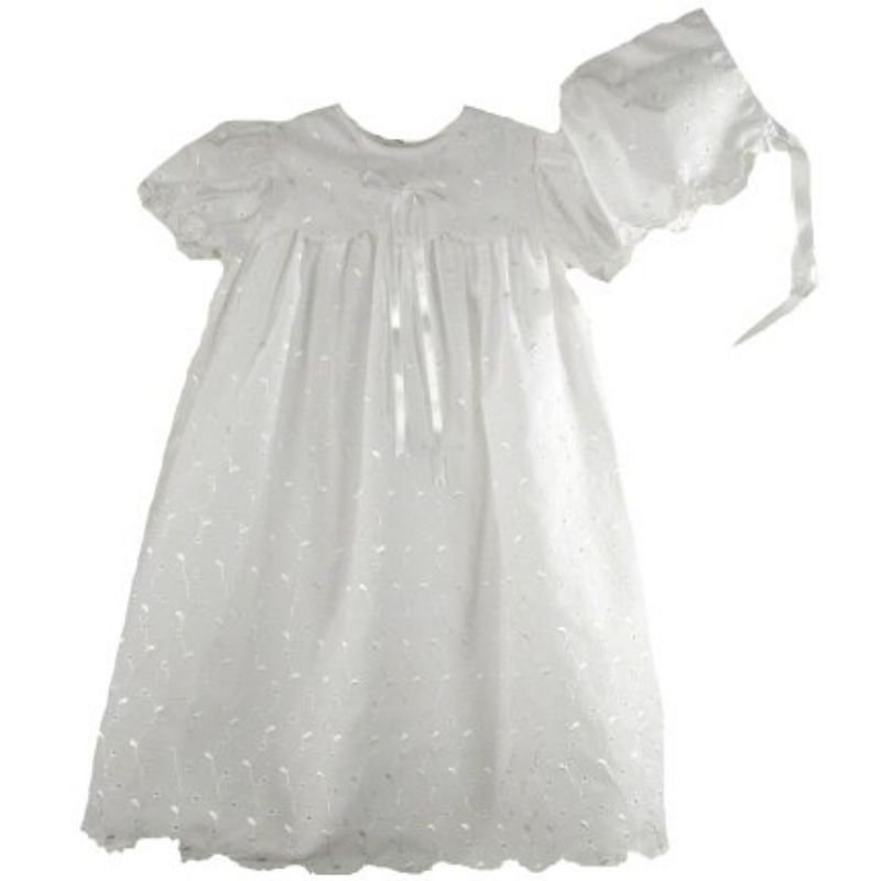 Precious Sweet Petit Ami Lined Cotton Eyelet Christening Scalloped Yoke Hat Set - $38.99