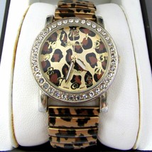 Geneva Ladies Gold Tone Jeweled Watch Leopard Print Stretch Stainless Steel Band - £3.11 GBP
