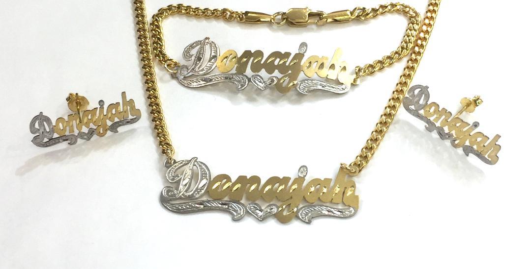 14k Gold Overlay Name Necklace bracelet stud earring set Personalized /thick cha - $59.99