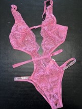 Victoria&#39;s Secret M CROTCHLESS TEDDY bodysuit one-piece PINK lace SHINE ... - $98.99