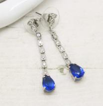 Vintage Style Rhinestone Crystal Sapphire Blue Silver Drop EARRINGS Jewe... - £11.27 GBP