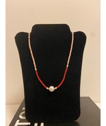 Women beaded necklace seed beads pearl handmade red choker - $20.51 CAD