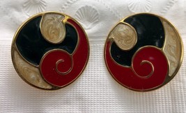 Vintage MCM Monet Red Black Beige Gold Enamel Pierced Earrings 1 1/4&quot; Round - $25.00