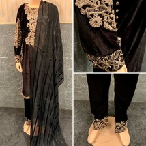 Pakistani  Black Straight Style Fancy Embroidered 3-Pc Velvet Suit,XL - £85.66 GBP