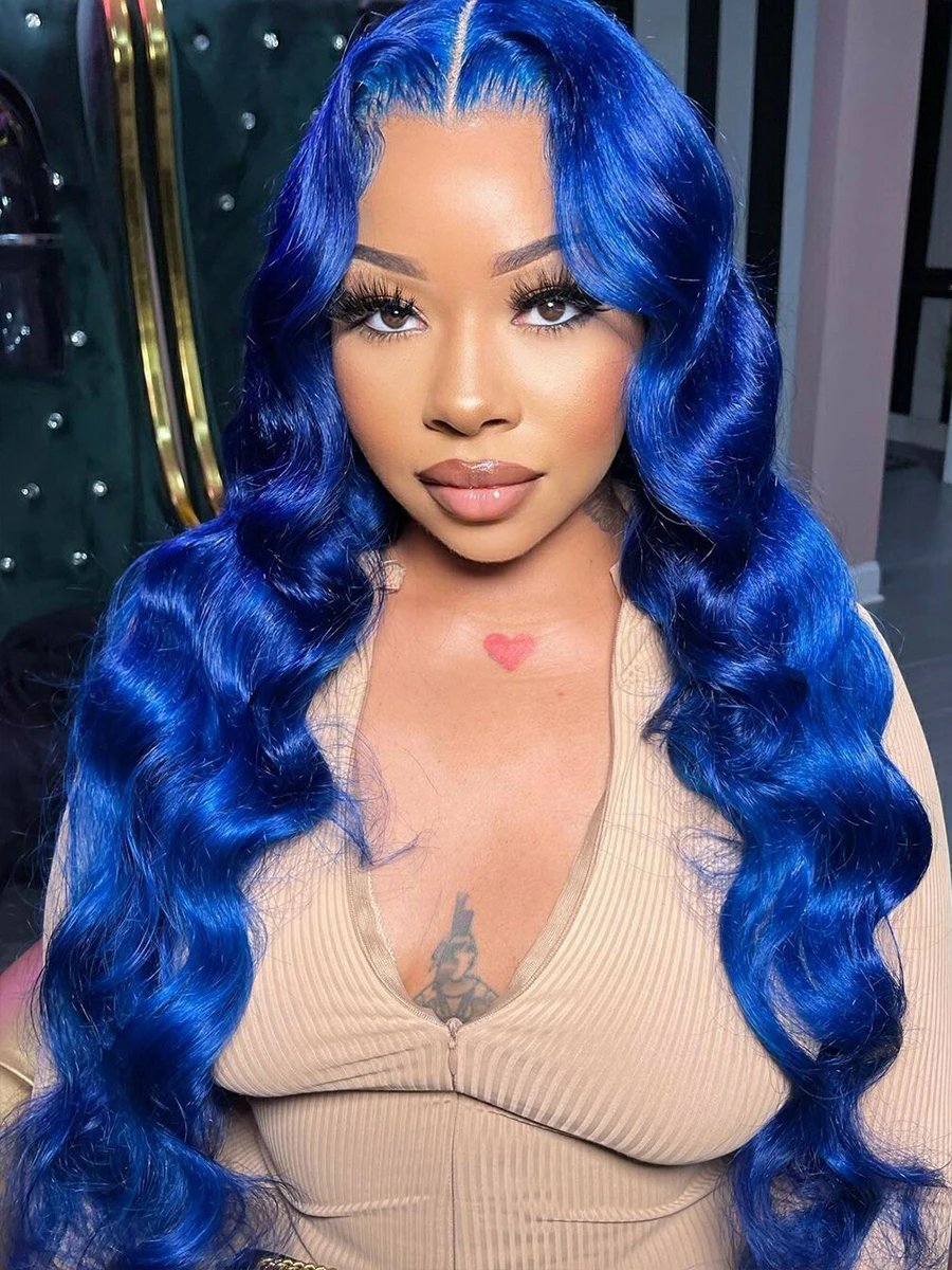 Navy Blue Lace Front Body Wave Human Hair Wigs For Women Pre Plucked Brazilian - £64.85 GBP+