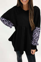 Black Leopard Splicing Sleeve Ruffle Loose Sweatshirt - £23.28 GBP+