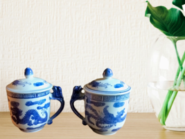 Vintage Dragon Phoenix Tea Cup Set With Lid Chinese Oriental Decor - £39.30 GBP