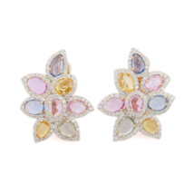 14K Yellow Gold Floral Multi Sapphire Diamond Earrings - £1,470.81 GBP