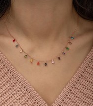 Multi Color Sapphire Charm Necklace, 14K Gold Plated Rainbow Necklace For Her - £94.26 GBP