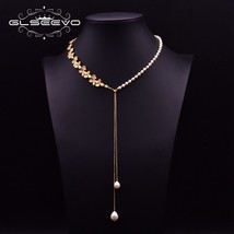 GLSEEVO Natural Fresh Water Pearls Asymmetry leaf Long Necklace For Women Weddin - £30.94 GBP