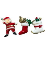 Santa Stocking Pins Brooch Vintage Cat Christmas Jewelry Plastic Red Whi... - £7.65 GBP