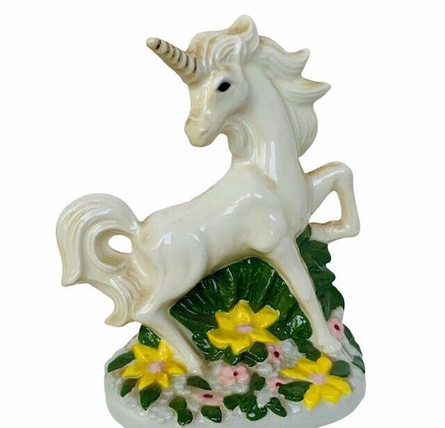 Primary image for Unicorn figurine vtg sculpture fantasy horse gift decor porcelain flower 9" pony