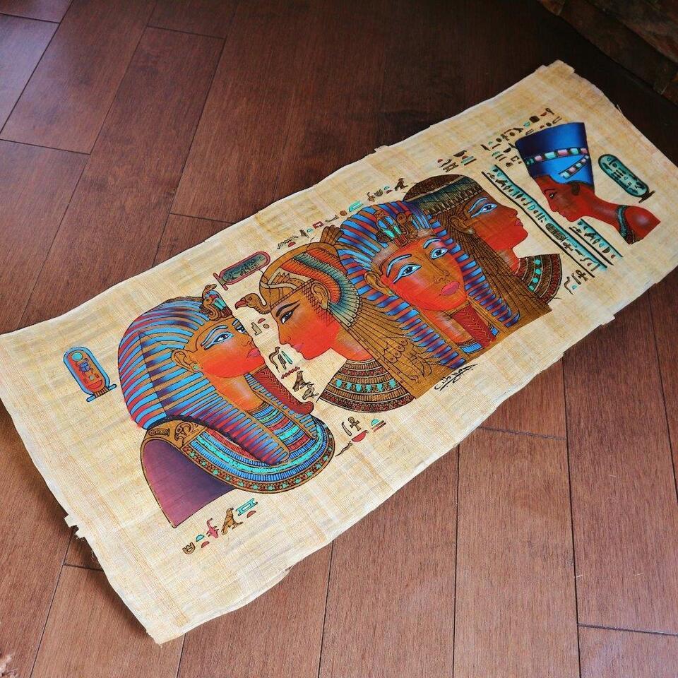 Huge Handmade Papyrus Egyptian Kings Masks Museum Art Painting...32"x12" Inches