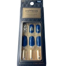 NEW Kiss Nails Impress Press On Manicure Medium Gel Blue Gold Gems Pearl... - $10.88