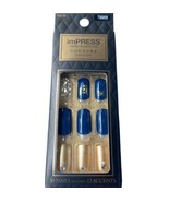 NEW Kiss Nails Impress Press On Manicure Medium Gel Blue Gold Gems Pearl Couture - £8.41 GBP