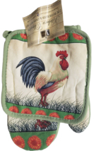 2 pc Kitchen Set: 1 Jumbo Pot Holder &amp; 1 Oven Mitt, ROOSTER &amp; FLOWERS, green, BH - £6.64 GBP