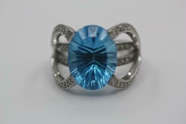 18K White Gold 11.50CT Oval Laser Cut Blue Topaz Ring with Diamonds Size 7.5 - £1,365.32 GBP