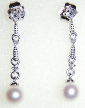 10 K White Gold Cultured Fw Pearl &amp; Diamond Dangle Earrings, 1.48(Tcw), 1.10 Gr - £119.87 GBP