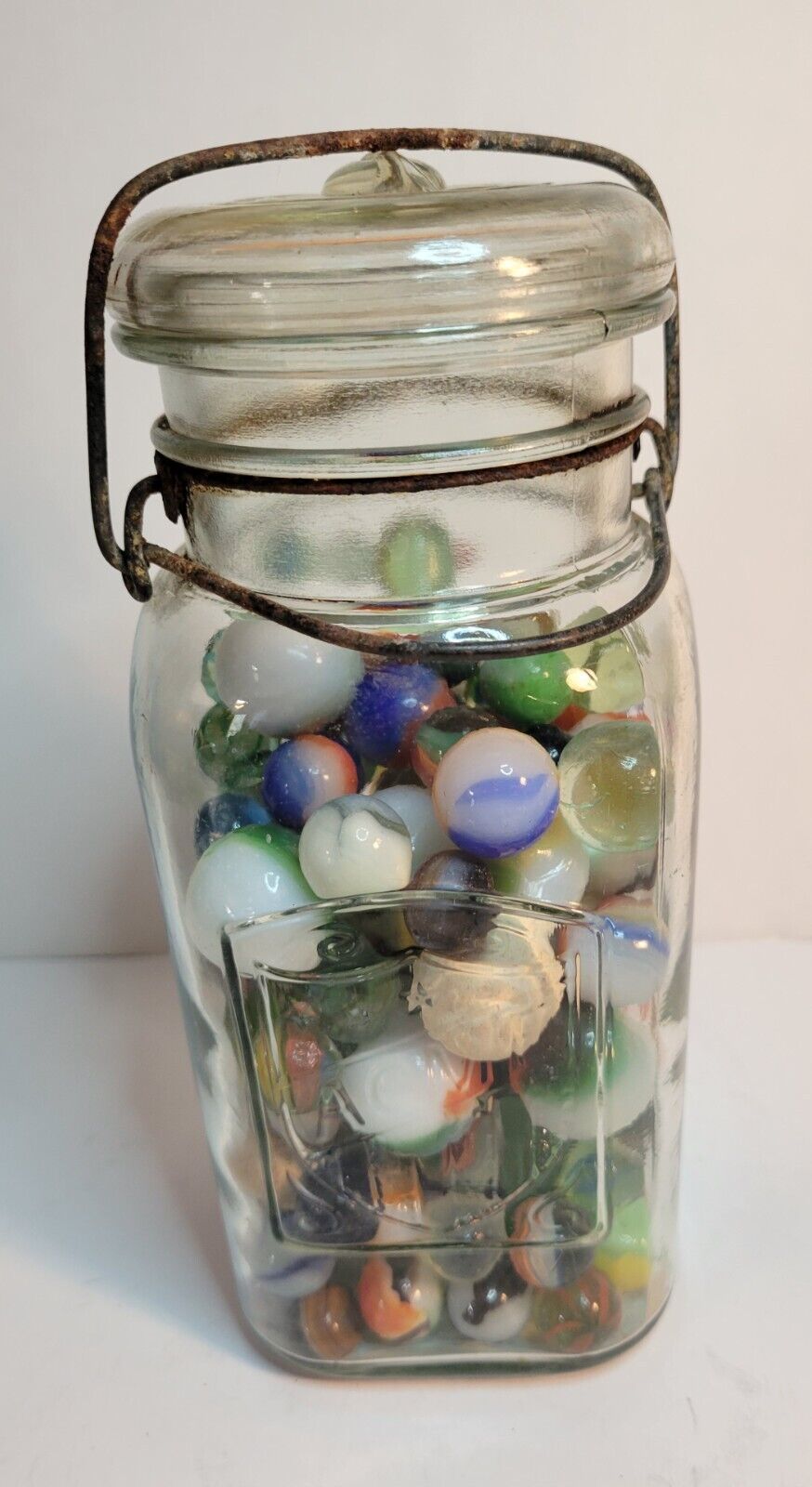 Primary image for Acme 5 Star Shield Square Jar w Lid & Wire Bail Embossed Assortment of Marbles