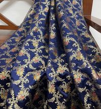 Indian Brocade Fabric Navy Blue &amp; Gold Fabric Wedding Dress Fabric-NF317 - £16.33 GBP+