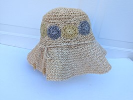 Straw Woven Bucket Hat Cream Pastel Flowers Bow Travel Sun Vacation Beach Casual - £22.35 GBP