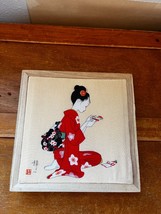 Artist Signed Painted Cream Silk Young Asian Woman Opening Letter in Lig... - $14.89