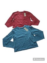 Wild Fable Set/2 L/S Crew Neck T-Shirts Semi Cropped Burgundy &amp; Teal Blu... - £10.08 GBP