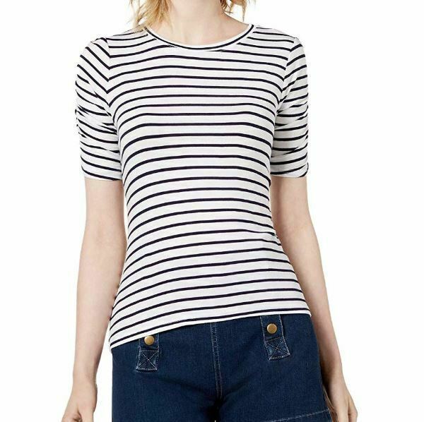 Primary image for Maison Jules Womens Medium White Striped Scoop Neck Basic T Shirt