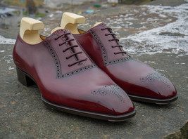 Mens Burgundy Leather Twotone Oxfords Brogue Formal Lace Up Shoes - $143.99