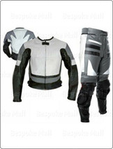 New Men&#39;s Motorcycle Racing Gray White Leather Two Piece Suit  Safety Pads-555 - £319.73 GBP