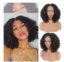 SOKU Short Afro Curly Lace Front Wig Synthetic Kinky Straight Wigs with Curly... - £27.25 GBP