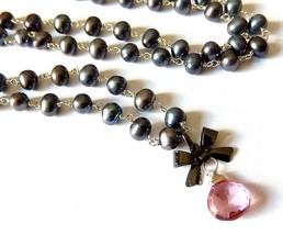 Gray Pearl Necklace, Pink Drop, Gunmetal Bow, Wire Wrapped Oil Slick Pea... - £43.90 GBP