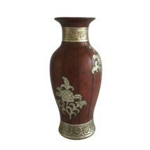 Vintage Large Vase Maroon Silver Floral Design Etched Lines Ceramic 14&quot;  Tall - £21.35 GBP