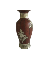 Vintage Large Vase Maroon Silver Floral Design Etched Lines Ceramic 14&quot; ... - £21.01 GBP