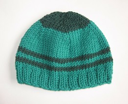 cool green soft merino wool mens beanie with dark green stripes and top - £16.45 GBP+