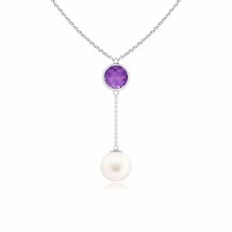 Freshwater Pearl &amp; Amethyst Lariat Necklace in 14K White Gold (AA, Size- 10MM) - £268.48 GBP