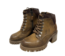 Miz Mooz Leather Lace Up Combat Boots Side Zip Camel 37EU / 7US New # P-22 - £71.14 GBP