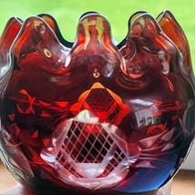 Art Glass Ruby Red Cut To Clear Crystal Czech Bohemian Rose Bowl Ruffle ... - $17.96