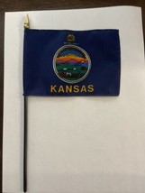 New Kansas State Mini Desk Flag - Black Wood Stick Gold Top 4” X 6” - £6.02 GBP