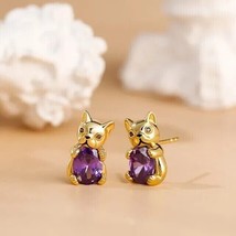2.50Ct Oval Simulated Amethyst Cute Animal Stud Earrings 14k Yellow Gold Plated - £72.26 GBP