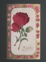 Antique Victorian Velvet Flocked Flower Rose w Gilt Gold Border Postcard c1910s - £7.95 GBP