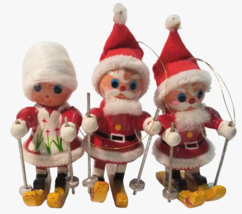 Vintage Christmas Ornament lot Wooden Santa Mrs Claus Snow Skiing Skis Wood - £16.03 GBP
