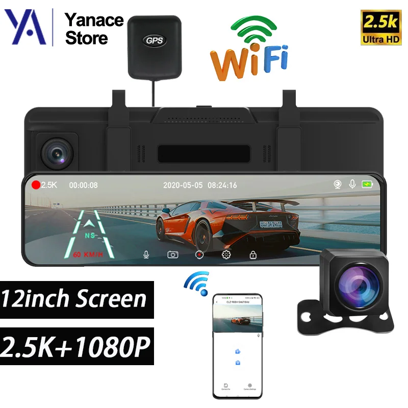 Yanace 2.5k Dvr Mirror Dashcam with Reverse Camera 12inch Touch Screen Stream - £72.62 GBP+